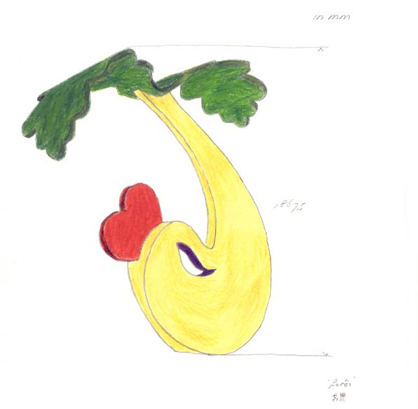 kleurpotloodtekening van een karper met een staart van een eikenblad © André Boone