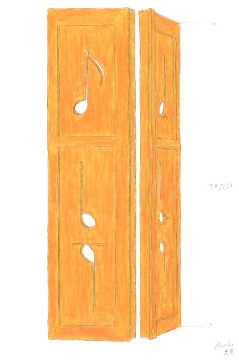 kleurpotloodtekening van een romeinse tempeldeur, in de panelen zijn muzieknoten getekend © André Boone