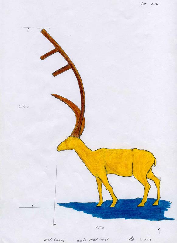 kleurpotkoodtekening van een hert met een gewei van een zeis © André Boone