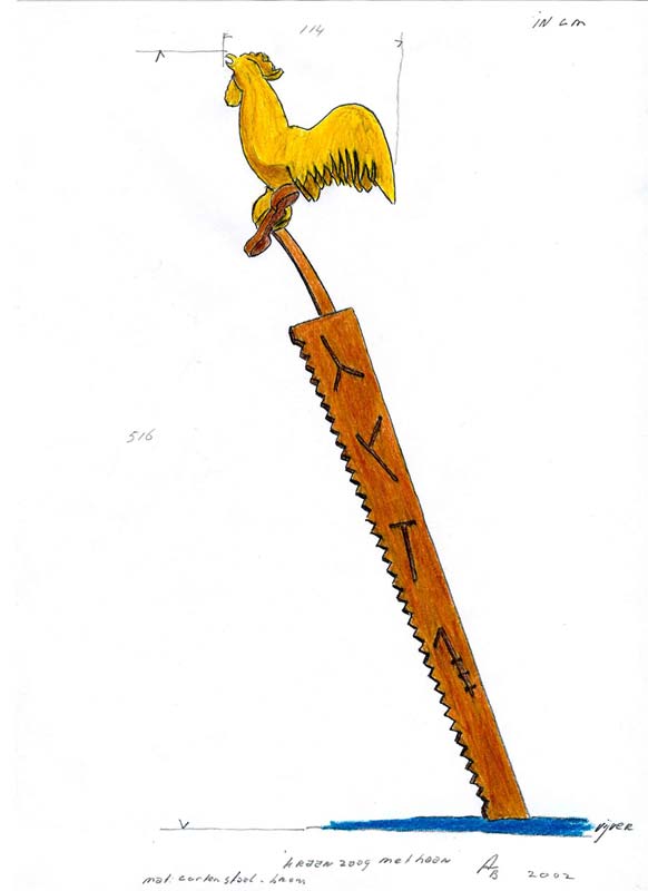 kleurpotloodtekening van een verticaal gerichte kraanzaag met huismerken, met daarop een kraaiende haan © André Boone