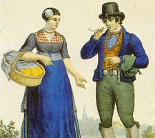 Ingekleurde litho, omstreeks 1830, uit de omgeving van Leeuwarden. De boerin draagt een bloot oorijzer.