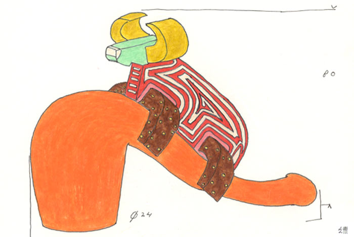 kleurpotloodtekening van een grote pijp met daarop een stier, &copyandré boone