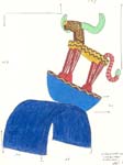 kleurpotloodtekening een stier op een bootje op een snid