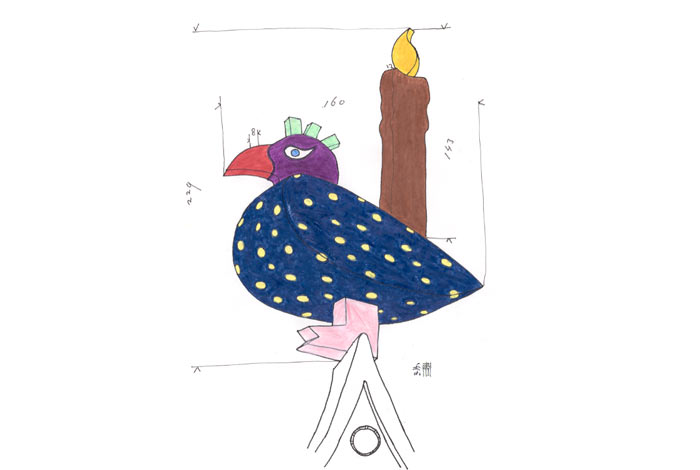 kleurpotloodtekening van van een vogel met een brandend kaars bovenop zijn veren, ©andré boone 