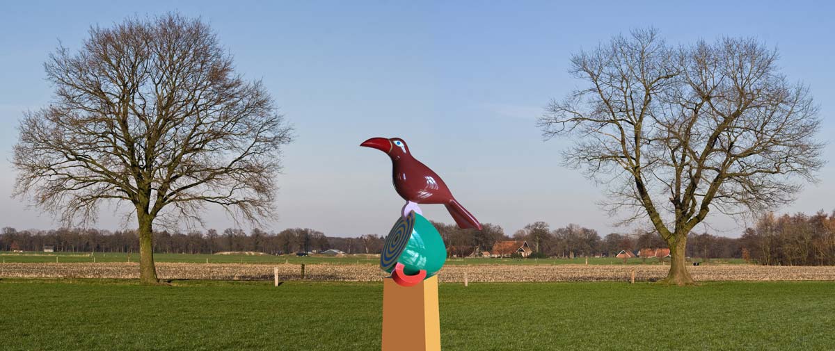 De geverfde vogel voor mijn atelier met uitzicht op twee eiken in het twentse landschap. Het beeld heeft in Borne tijdens de tentoonstelling Tuin in beeld gestaan.