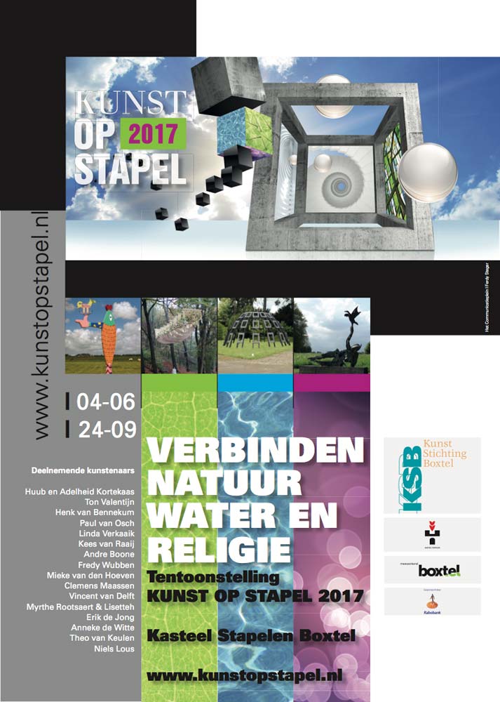 Affiche van de tentoonstelling kunst op Stapel in Boxtel met als titel Verbinden, natuur water en religie en het beeld. Een vis van 4 meter hoog.