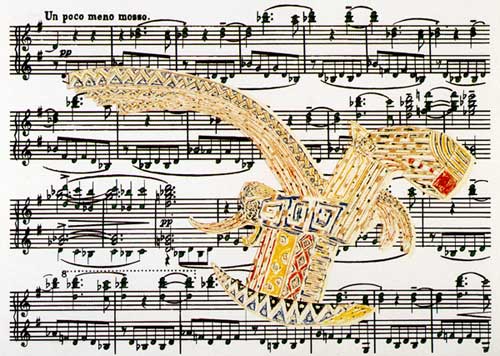 een grote zeefdruk in meerdere kleuren. Een grote vliegende schommelpaard, het dier heeft vleugels en vliegt over het notenschrift, een composities van Rachmaninoff voor twee piano´s, © André Boone
